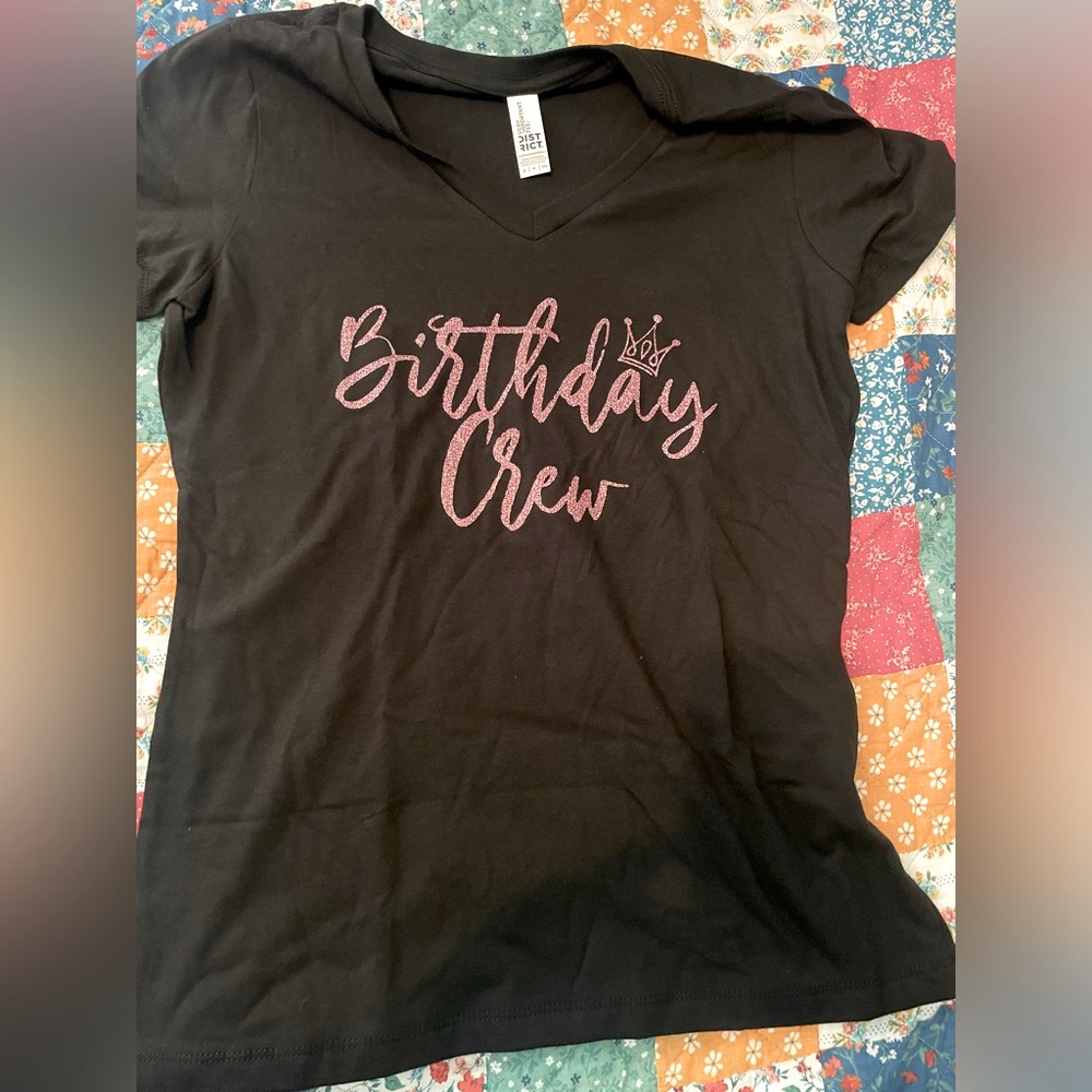Women’s Birthday Crew Pink Glitter V Neck Tee
